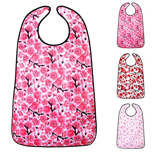 Adult Bibs,3 Packs Cherry Blossom Adult Bibs for Women Eating Washable with Crumb Catcher (Pink 3 pack)