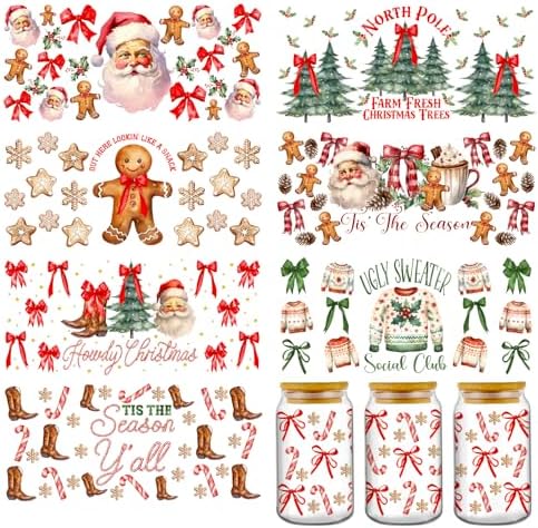 8 Sheets Christmas UV DTF Stickers, Cute Santa Claus Gingerbread Man UV DTF Tumbler Wraps for 16 20 oz Glass, Christmas Tree Sweater Bow Sublimation Cold Transfer Sticker Decals DIY Water Bottle Decor
