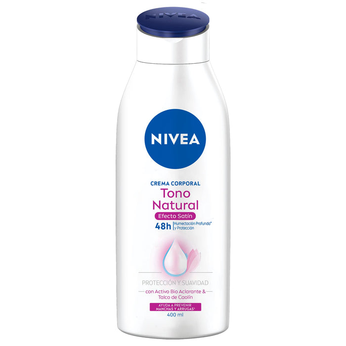 NIVEA Crema Corporal Humectante y Aclarante, Tono Natural Efecto Satin (400ml) - 48 horas de Humectación Profunda con Filtros UVA/UVB y Talco de Caolín - Para Todo Tipo de Piel