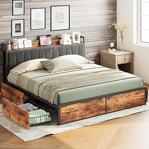 LIKIMIO King Bed Frame with 4 Storage Drawers, Platform Bed with Charged Headboard, Sturdy and Stable, No Noise, No Box Spring Needed, Easy to Install, Vintage Brown and Gray