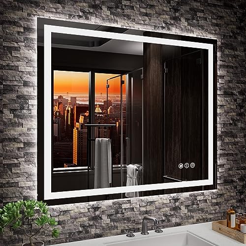 Amorho LED Mirror for Bathroom 36" X30" with Front Light and Backlit, Stepless Dimmable, Anti-Fog, Shatter-Proof, Memory, 3 Colors, Wall Mount (Horizontal/Vertical)