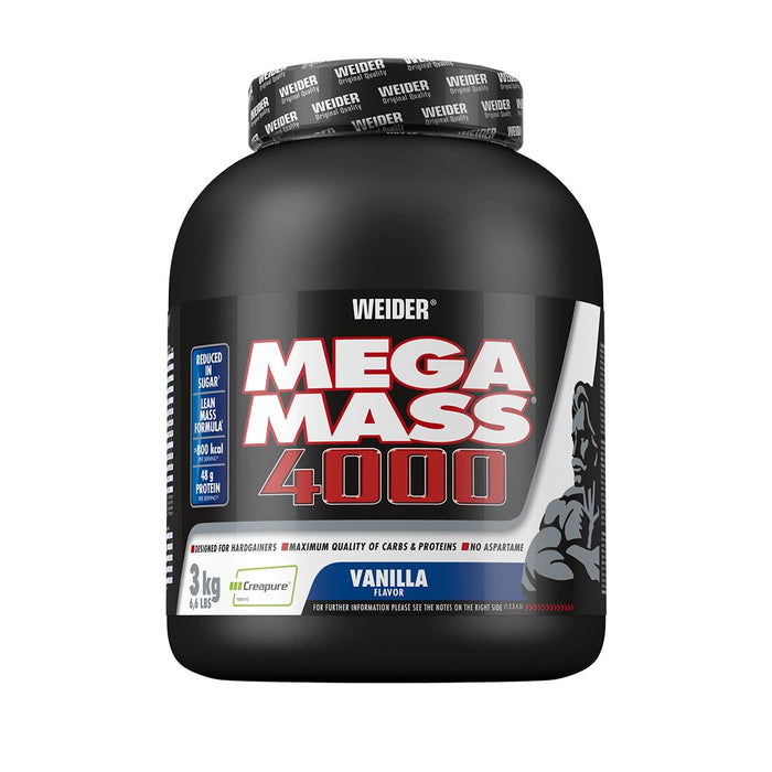 WEIDER Mega Mass 4000 Weight Gainer Shake zum Zunehmen, Vanille, mit Protein, Creapure Kreatin Monohydrat, komplexen Kohlenhydraten, Vitaminen und Mineralstoffen – Muskelaufbau Shake 3kg