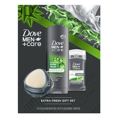 Dove Men+ Care Gift Set – Dove Face + Body Wash, Dove Antiperspirant, Refreshing Extra Fresh Scent, Dove Active Clean Dual-Sided Shower Tool, Christmas Gifts for Men (3 Piece Set)