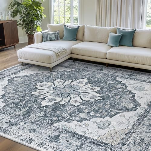 Area Rugs 8'x10' Washable Non-Slip, Floral Vintage Distress Print Pattern Medallion Carpet for Living Room Bedroom Dining Room, Light Gray Grey White