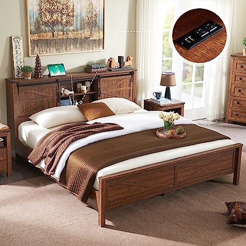 T4TREAM Farmhouse King Size Bed Frame w/Storage Bookcase Headboard, Sliding Barn Door, Charging Station, Rustic Wood Platform Bed w/Wood Slats Support, No Box Spring Needed, Reclaimed Barnwood Color