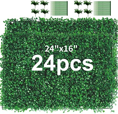 24 Pieces 24"x 16" Artificial Boxwood Panel, Grass Wall Panel, Boxwood Hedge Wall Panels UV Protected Suitable for Artificial Green Wall Decor, Fence Garden Wedding Backyard Decor