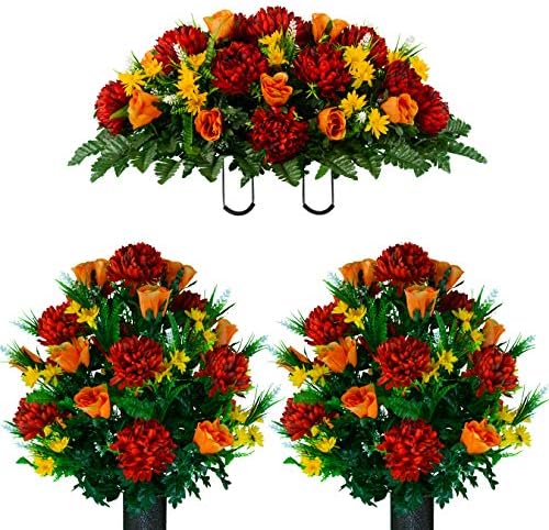 Sympathy Silks Artificial Cemetery Flowers – Realistic Vibrant Roses, Outdoor Grave Decorations - Non-Bleed Colors, and Easy Fit - 2 Burgundy Mum and Orange Rose Bouquets & 1 Saddle