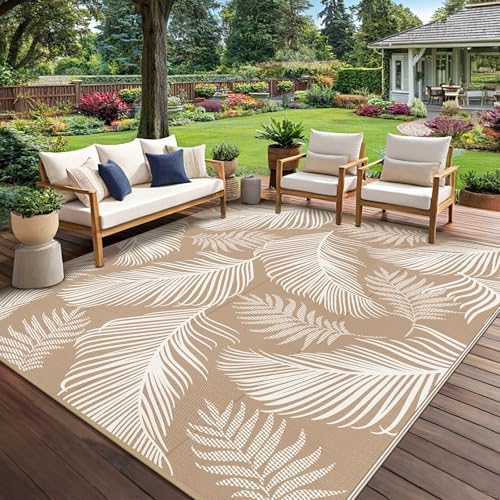 Pauwer Waterproof Outdoor Rug 8x10, Reversible Plastic Straw Patio Camping Rug, Indoor Outdoor RV Mat Carpet for Deck, Camper, Porch, Balcony, Backyard, Picnic, Leaf Brown