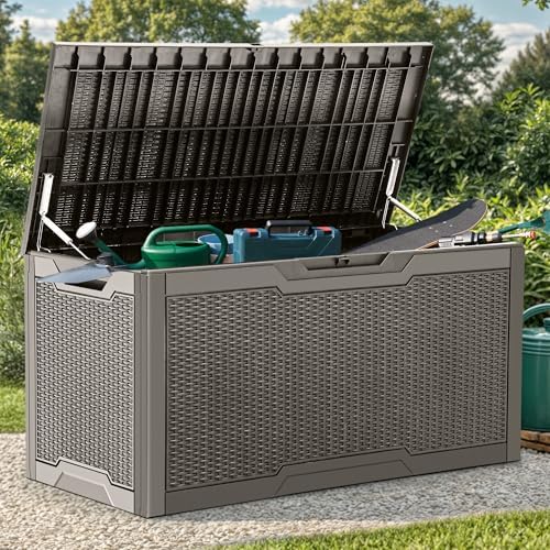 YITAHOME 100 Gallon Resin Deck Box, Weather Resistant Outdoor Storage Box, Lockable Indoor Outdoor Storage for Supplies and Essentials, Taupe