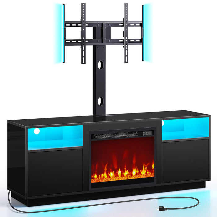 Rolanstar Fireplace TV Stand with Led Lights and Power Outlets, Entertainment Center with Electric Fireplace, Swivel TV Stand Mount for 45/55/60/65 inch TVs, Height Adjustable TV Console, Black