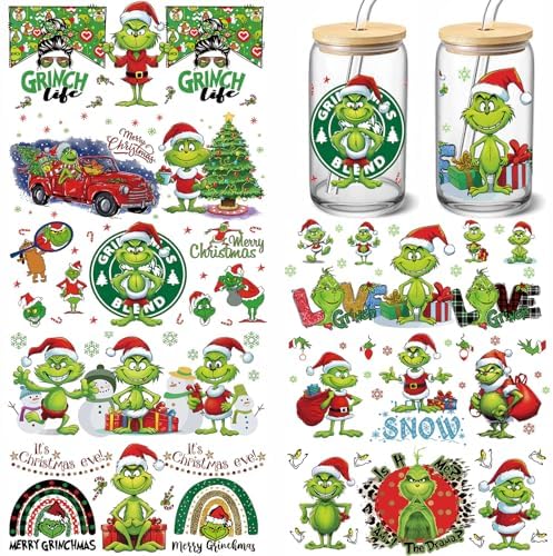 8 Sheets UV DTF Cup Wraps Sticker, Christmas Rub on Transfers for Glass 16 oz, Creative Festival Decoration, No Heat Needed Ready to Apply