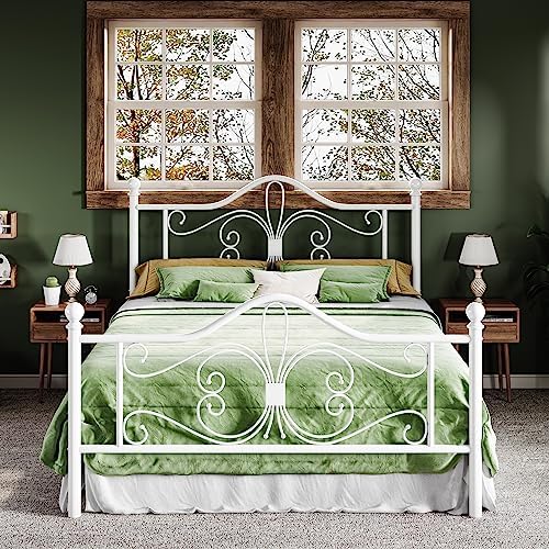 Allewie Queen Size Bed Frame with Headboard,Metal Bed Frame with Butterfly Pattern Design Headboard & Footboard,No Box Spring Needed,Easy Assembly,White