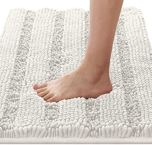 H.VERSAILTEX Bath Mats for Bathroom Non Slip Thick Chenille Striped Bath Rug Absorbent Fluffy Soft Shaggy Rugs Washable Dry Fast Plush Mats for Indoor, Bath Room, Tub - 17" x 24", Cream