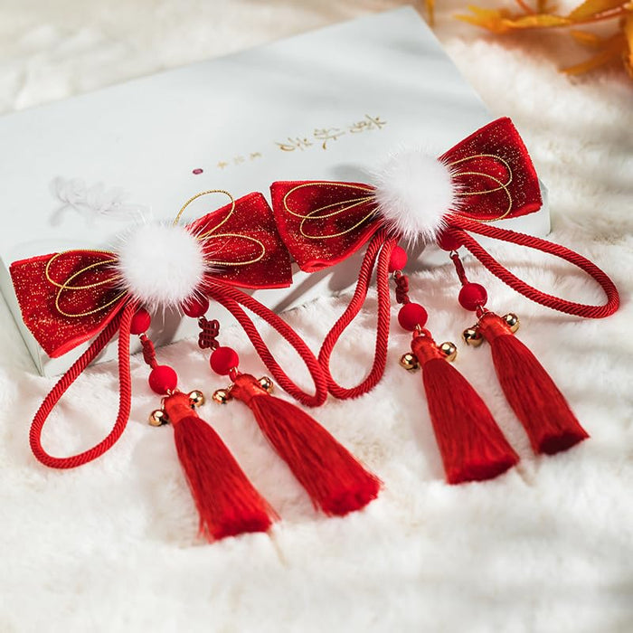 1 Pairs Red Velvet Band Bow with Pompon and Bell Tassels Hairclip Chinese Hanfu Style Hair Clip Retro Jubilant Style Handmade Hair Accessories for Women Girls Long Hair (Velvet band)