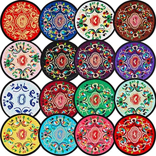 Boao 16 Pcs Mexican Floral Cloth Coasters for Decoration, 5.12 Inch Fabric Boho Mexican Art Souvenirs Gifts Vintage Ethnic Teacup Mat Indian Home Ornament, Mixed Colors