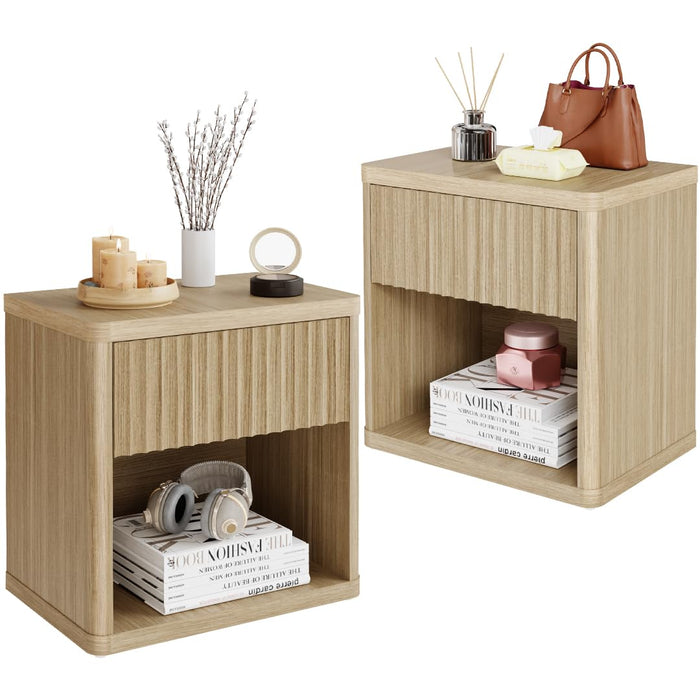 22.8" Fluted Nightstands Set of 2, Large Modern Nightstand with Drawer and Storage Shelf, Oak Finish & Cream, Mid Century Night Stands for Bedroom Living Room Sofa Couch Office