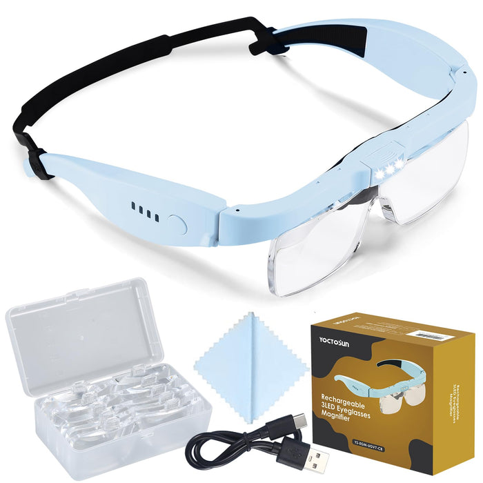 YOCTOSUN Magnifying Glasses with 3 LED Lights, Magnifying Headset with 5 Detachable Lenses 0.75X,1.25X,2.0X,3.0X and 4.0X, Headband Magnifier for Close Work, Hobby Crafts