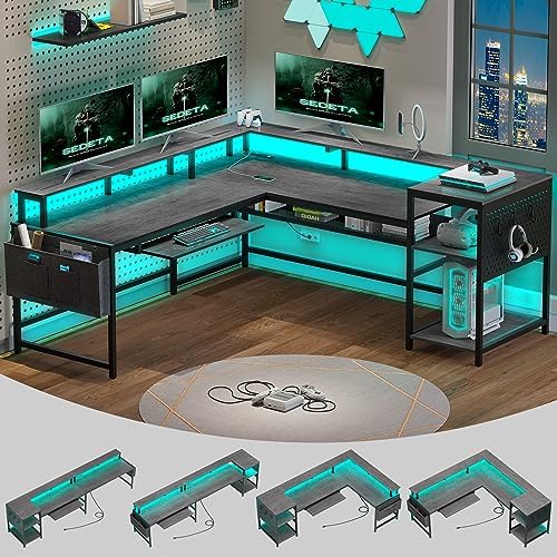 SEDETA L Shaped Gaming Desk, Convertible 96" Home Office Desk or Corner Desk, L Shaped Table with Power Outlets & LED Strip, Monitor Stand, Keyboard Tray, Pegboard and Storage Shelves, Grey