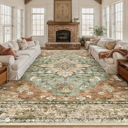 Area Rugs 10'x14' Washable Non-Slip, Floral Vintage Distress Print Pattern Medallion Carpet for Living Room Bedroom Dining Room, Brick Red Rust Neutral Brown Burnt Orange Green
