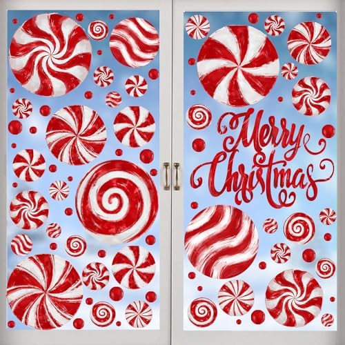 8 Sheets Christmas Window Clings, Candy Window‘s Decals Oil Painting Christmas Red Candy Stickers for Xmas Home Office School Decor Winter Glass Window Decoration