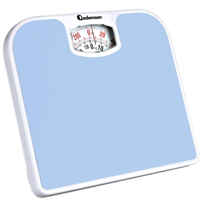 Adamson A21 Analog Scales for Body Weight - Up to 300 LB - New - Anti-Skid Rubber Surface + Large Numbers - Analog Bathroom Scale - Affordable - Durable with 20-Year Assurance - Light Blue