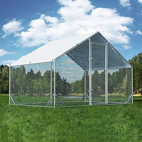 4ever2buy Large Metal Chicken Coop with Run Walk-in Poultry Cage Chicken Runs House Pen Cage Spire Roofed Chicken Coops with Anti-Ultraviolet Cover for Outdoor Backyard Farm Use 9.8’L x 6.6’W x 6.4’H