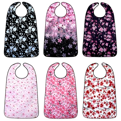 Adult Bibs,3 Packs Cherry Blossom Adult Bibs for Women Eating Washable with Crumb Catcher (Black Pink 6 pack)
