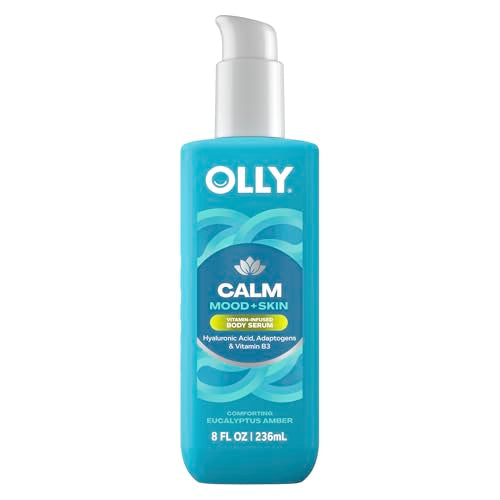 OLLY Calm Body Lotion-Serum with Hyaluronic Acid, Adaptogens & Vitamin B3– Nourishing Cleanser for Skin Barrier Repair, Deep Hydration, Eucalyptus Amber Scent, 8oz