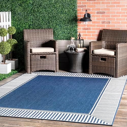 nuLOOM 6' 7" x 9' Outdoor Area Rug, Casual Design With Striped Border, Stain Resistant, Highly Durable, For Patio, Balcony, Bedroom, Living Room, Dining Room, Bathroom, Navy
