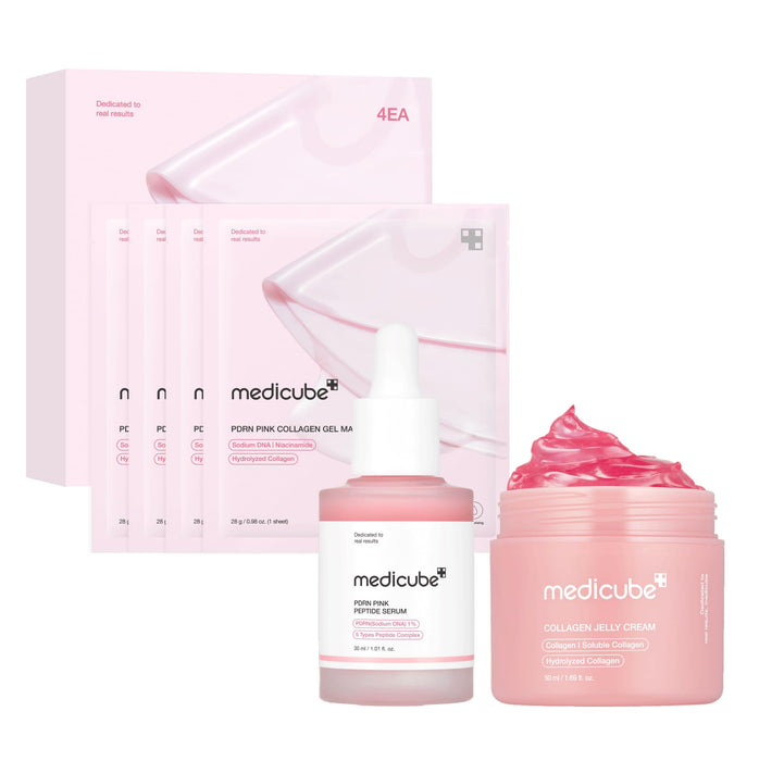 medicube Pink Glass Glow Skin Trio - Salmon DNA PDRN pink collagen jelly gel mask (4ea) + PDRN Pink Peptide Serum, Pink glow serum 50ml +Collagen Jelly Cream-50ml