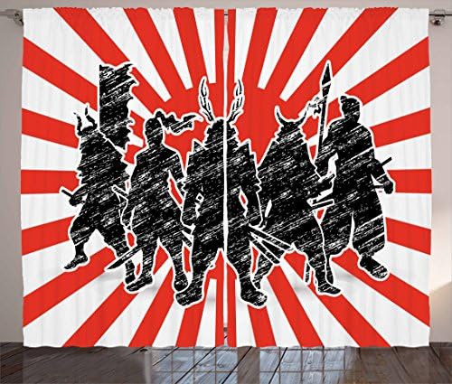 Ambesonne Japanese Curtains, Group of Samurai Ninja Posing and Getting Ready on Unusual Striped Retro Backdrop, Living Room Bedroom Window Drapes 2 Panel Set, 108" X 84", Black Red