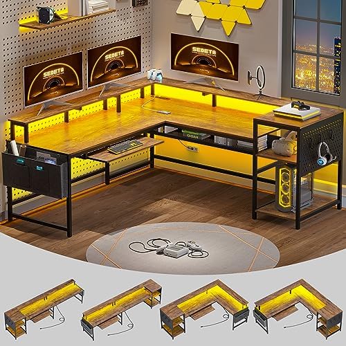 SEDETA L Shaped Computer Desk, Reversible Computer Desks, L Shaped Desk with Power Outlets & LED Strip, Monitor Shelf, Keyboard Tray, Pegboard and Storage Shelves for Home Office, Rustic Brown