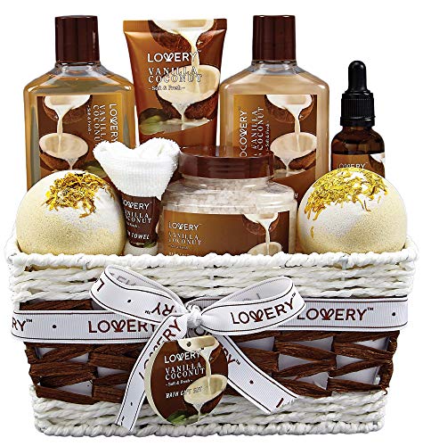 Gifts For Women Gift Basket for Womenβ 9 Piece Set of Vanilla Coconut Home Spa Set, Includes Fragrant Lotions, Extra Large Bath Bombs, Coconut Oil, Luxurious Bath Towel & More