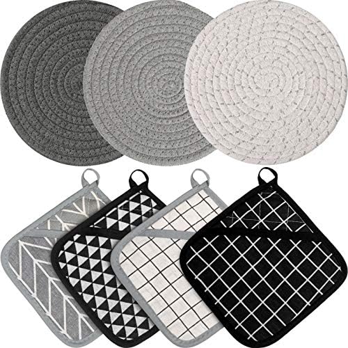 7 Pieces Square Pot Holders Washable Heat Resistant Pocket Mitt with Hanging Loop and Round Thread Weave Coaster Braided Drink Hot Pad Absorbent Woven Coaster for Kitchen Cooking Dinning