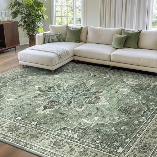 Area Rugs 8'x10' Washable Non-Slip, Floral Vintage Distress Print Pattern Medallion Carpet for Living Room Bedroom Dining Room, Dark Green Gray