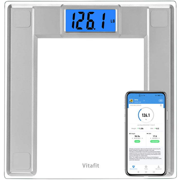 Vitafit 550lb Digital Bathroom Scale for Body Weight and BMI Via Smart APP, High Accuracy Assured by Weighing Professional Since 2001, 8mm Tempered Glass, Extra Large Blue Backlit LCD, Silver