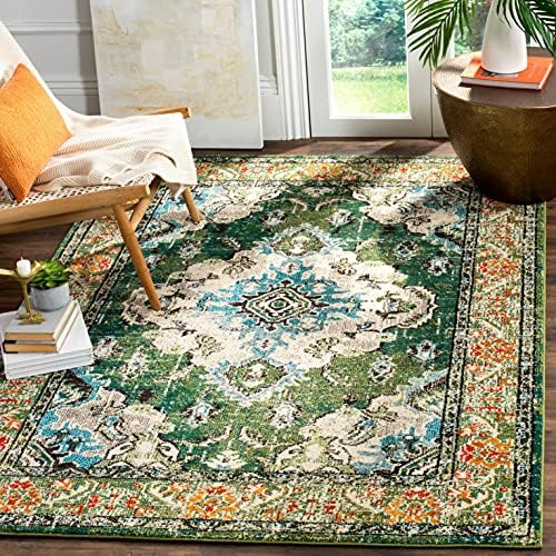 SAFAVIEH Monaco Collection Area Rug - 6'7" x 9'2", Forest Green & Light Blue, Medallion Distressed Design, Non-Shedding & Easy Care, Ideal for High Traffic Areas in Living Room, Bedroom (MNC243F)
