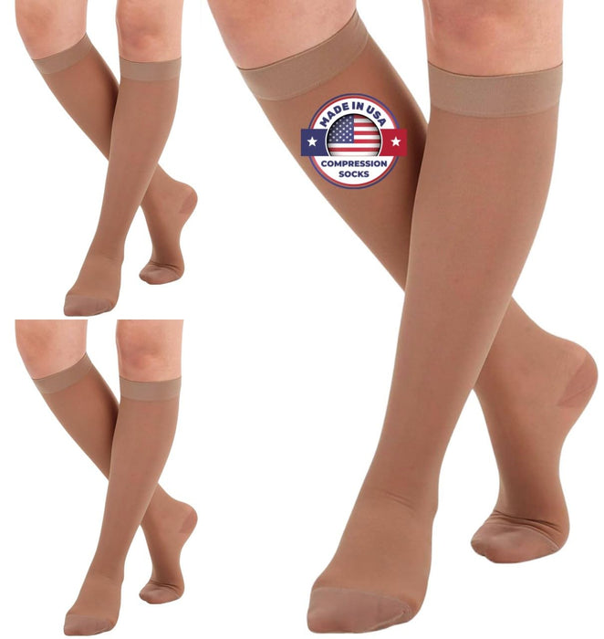 (3 Pairs - Closed Toe) Made in USA - Sheer Compression Socks for Women 15-20mmHg - Compression Stockings for Varicose Veins Circulation, Thrombosis, Embolism - Beige, Medium - A101BE2-3