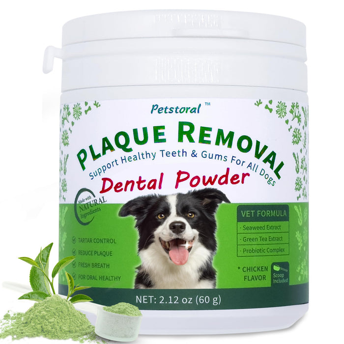 Petstoral Natural Dog Dental Powder, Dog Dental Care - Plaque Remover and Bad Breath Treatment, Healthy Gums & Fresh Breath for All Dogs and Cats 2 oz.