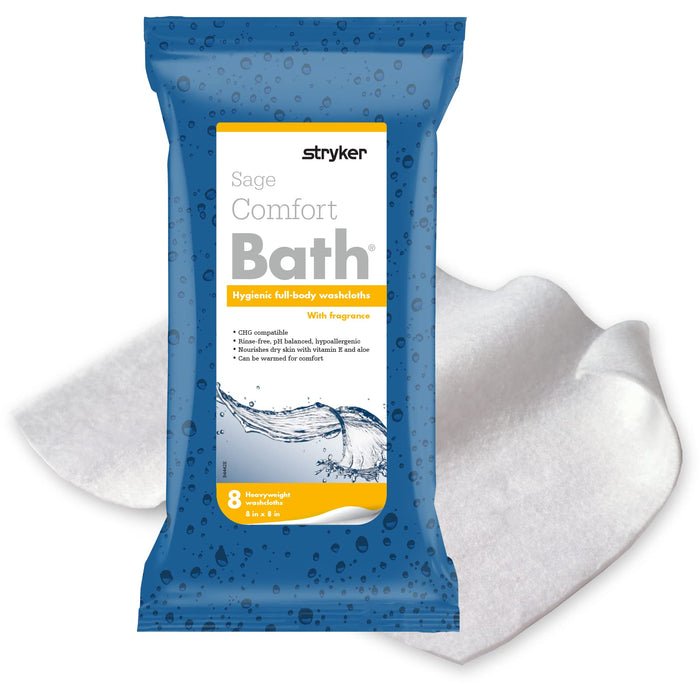 Stryker - Sage Comfort Bath Cleansing Washcloths - 6 Packages, 48 Cloths - Fresh Scent, No-Rinse Bathing Wipes, Ultra-Soft and Heavy Weight Cloth, Hypoallergenic