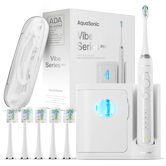 Aquasonic Vibe Series PRO – Ultra-Whitening Electric Toothbrush – 5 Modes & Smart Timers – UV Sanitizing Base – ADA Accepted (Optic White)