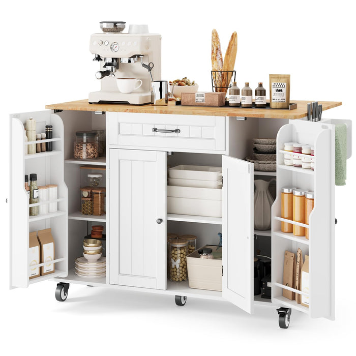 Ahomly Kitchen Island with Storage, 47.6" Rolling Kitchen Island on Wheels with Drop Leaf, Door Cabinet, Drawer, Spice Rack, Towel Rack and Knife Holder, Kitchen Cart Island Table for Kitchen, White