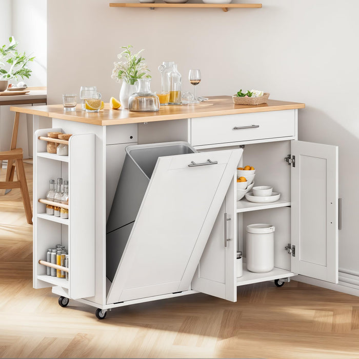 LotaTools 53.9" Rolling Kitchen Island Cart with Drop Leaf & Storage - Mobile Kitchen Organizer with Wheels, Rubberwood Top, Trash Bin Cabinet & Towel Rack, White Farmhouse Style for Small Spaces