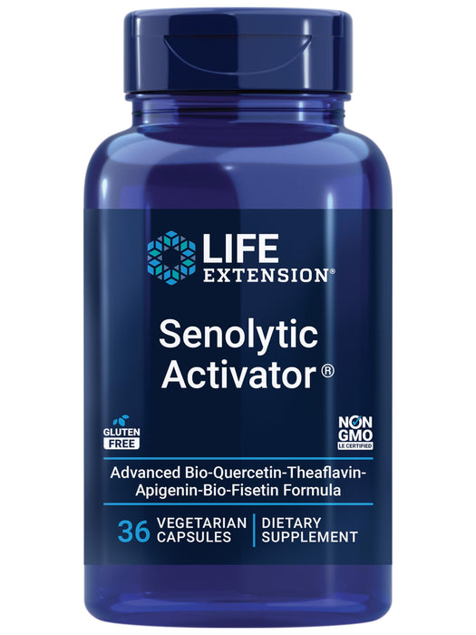 Life Extension Senolytic Activator®, healthy aging, cellular health support, bioavailable quercetin and fisetin, apigenin, black tea theaflavins, gluten free, non-GMO, vegetarian, 36 capsules