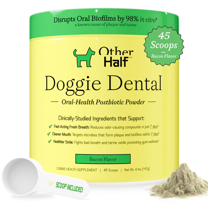 OTHER HALF Doggie Dental Supplement Powder - Dog Breath Freshener & Teeth Cleaning Made Easy - Oral Health Postbiotic for Dogs - Targets Tartar, Plaque & Bad Breath | 45 Scoops, Bacon Flavor