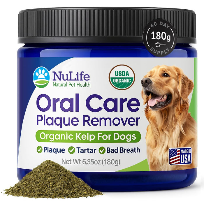 Dog Teeth Cleaning Powder, Dog Plaque and Tartar Remover, Bad Breath Treatment for Dogs with USDA Organic Sea Kelp Powder, Dog Dental Care Made Easy, for All Ages, 6oz
