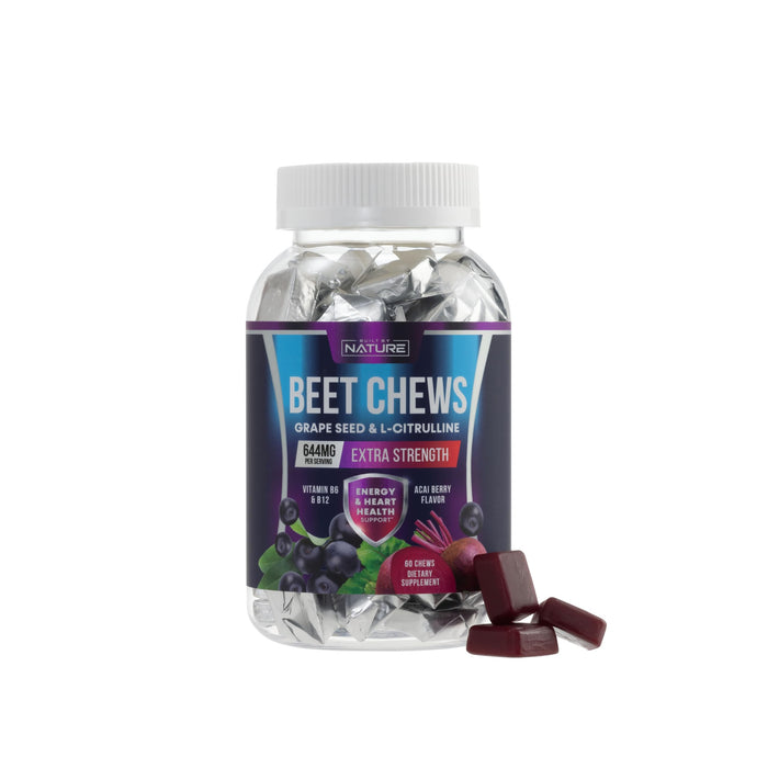 Built by Nature Heart Chews, Beet Root Nitric Oxide Blood Pressure Support, Grape Seed Extract & Non-GMO Beetroot Powder Energy Chews, Beets Heart Gummy Chews, Acai Berry Flavor, 60 Gummies