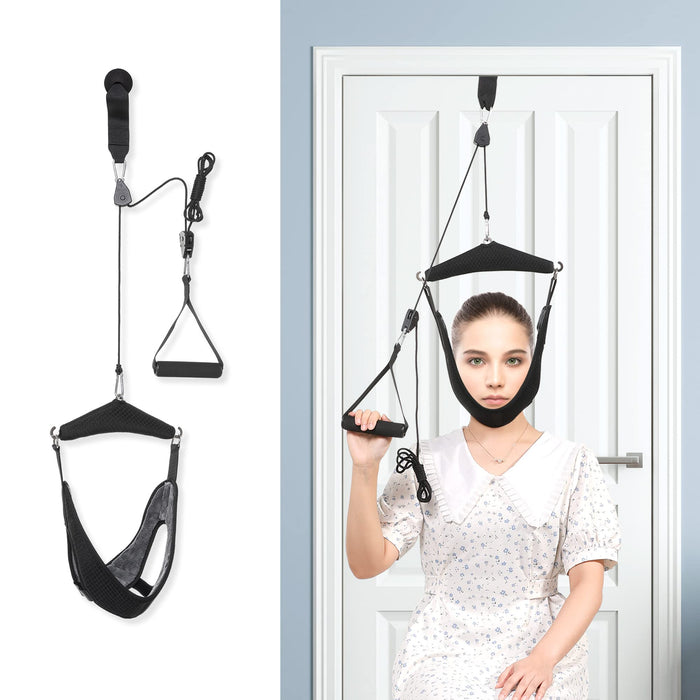 Fanwer Upgraded Neck Stretcher Cervical Neck Traction Device,Double Ratchet Neck Tension Relief Portable Over The Door Device,for Physical Therapy,Neck Pain Relief, Vertebrae Disk Herniation,Black
