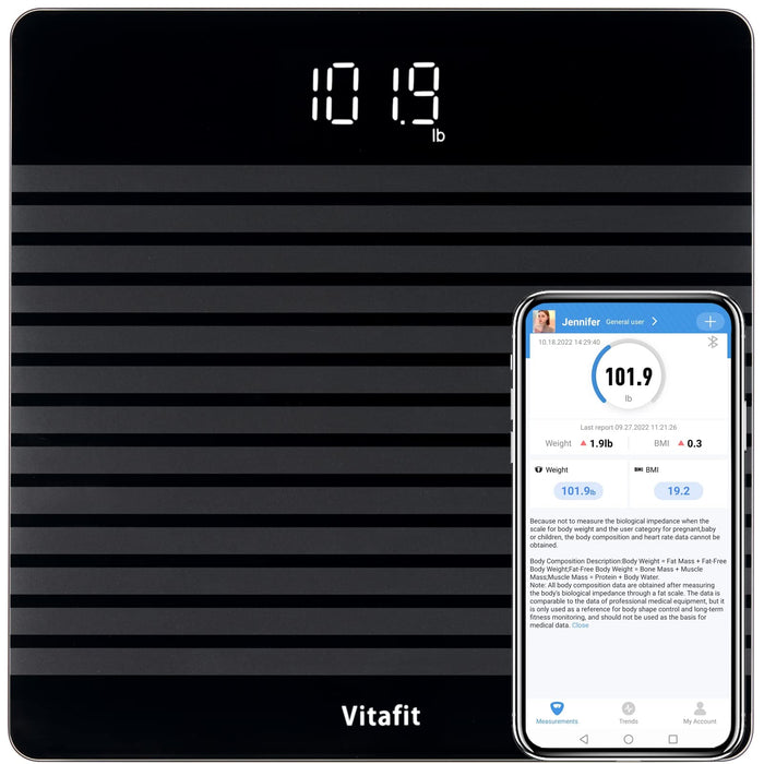 Vitafit Anti-Slip Smart Digital Bathroom Scale for Body Weight, FSA HSA Store Eligible, High Accuracy Assured by Weighing Professional Since 2001, BMI with App,Black