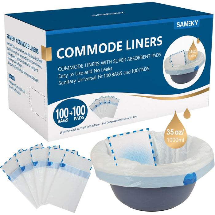 SAMEKY Commode Liners with Absorbent Pads | 100Bags+100Pads for Bedside Toilet Chair Bucket | Universal Fit | Bedside Commode Liners and Pads(100Bags + 100Pads)